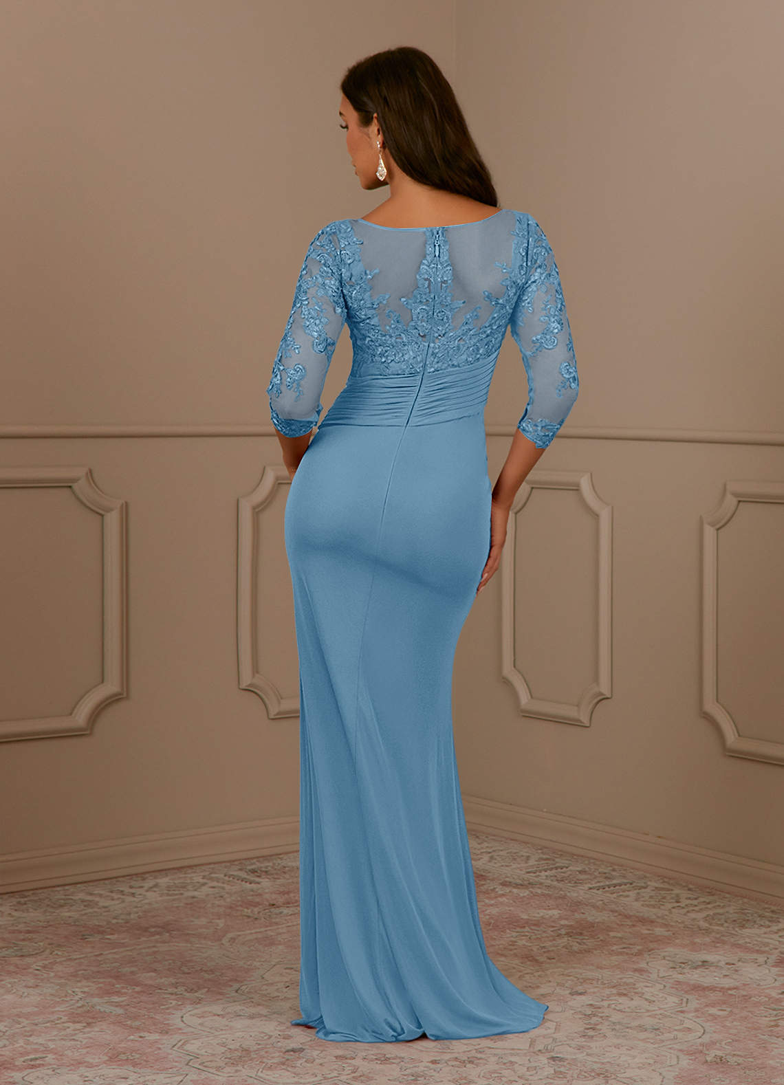 Fatemah Mermaid Scoop-Neck Lace and Mesh Mother of the Bride Dress in Steel Blue