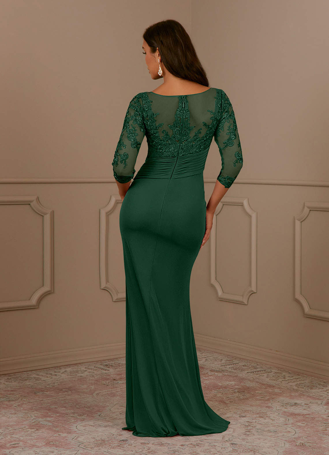 Fatemah Mermaid Scoop-Neck Lace and Mesh Mother of the Bride Dress in Dark Green