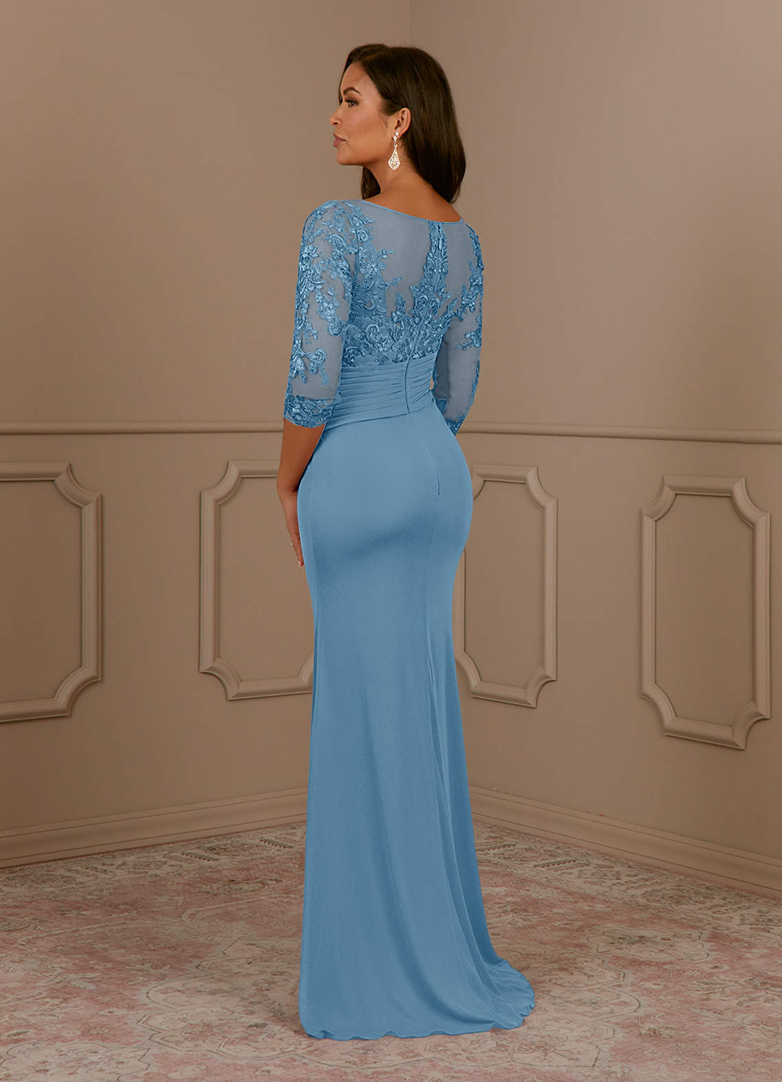 Fatemah Mermaid Scoop-Neck Lace and Mesh Mother of the Bride Dress in Steel Blue