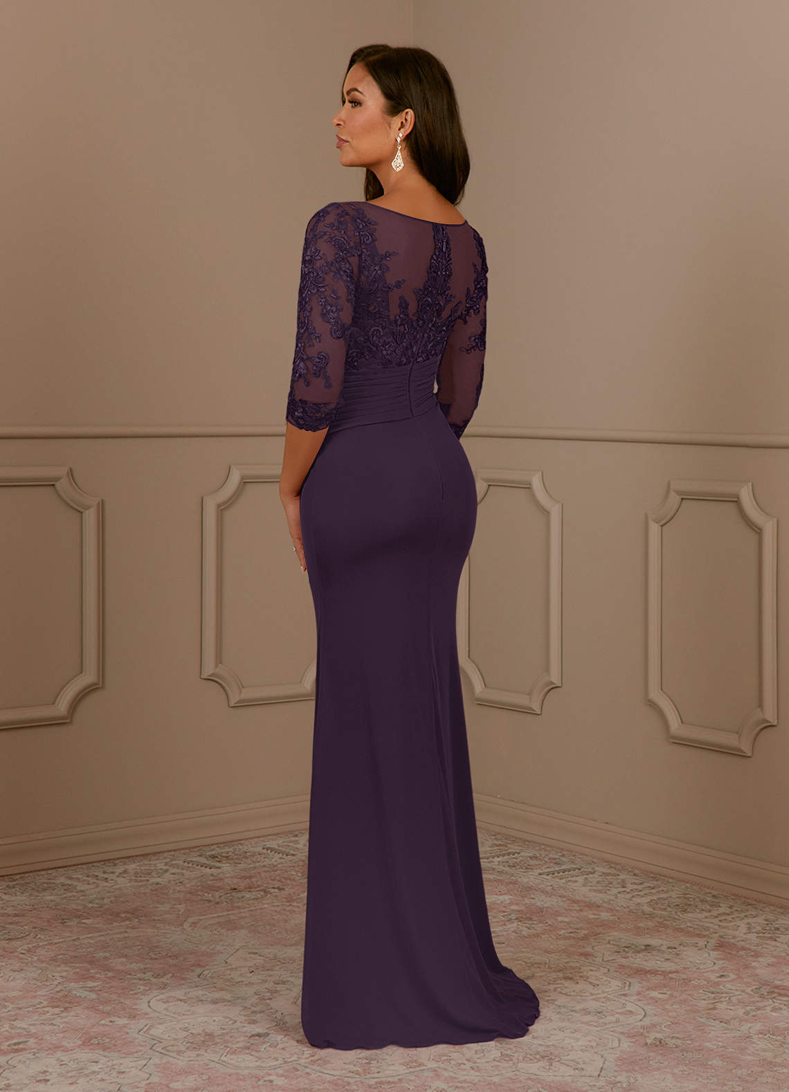 Fatemah Mermaid Scoop-Neck Lace and Mesh Mother of the Bride Dress in Plum