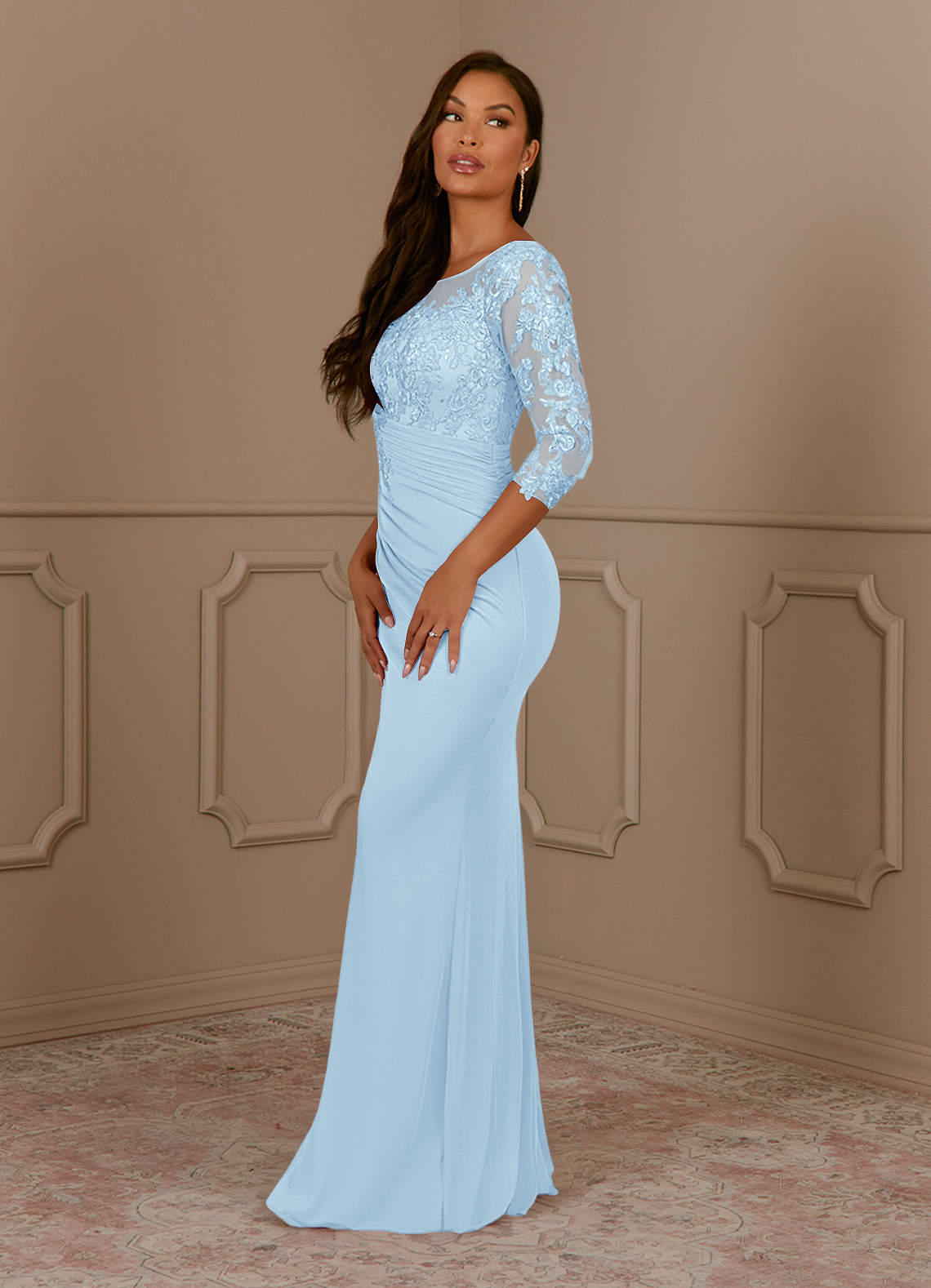 Fatemah Mermaid Scoop-Neck Lace and Mesh Mother of the Bride Dress in Sky Blue
