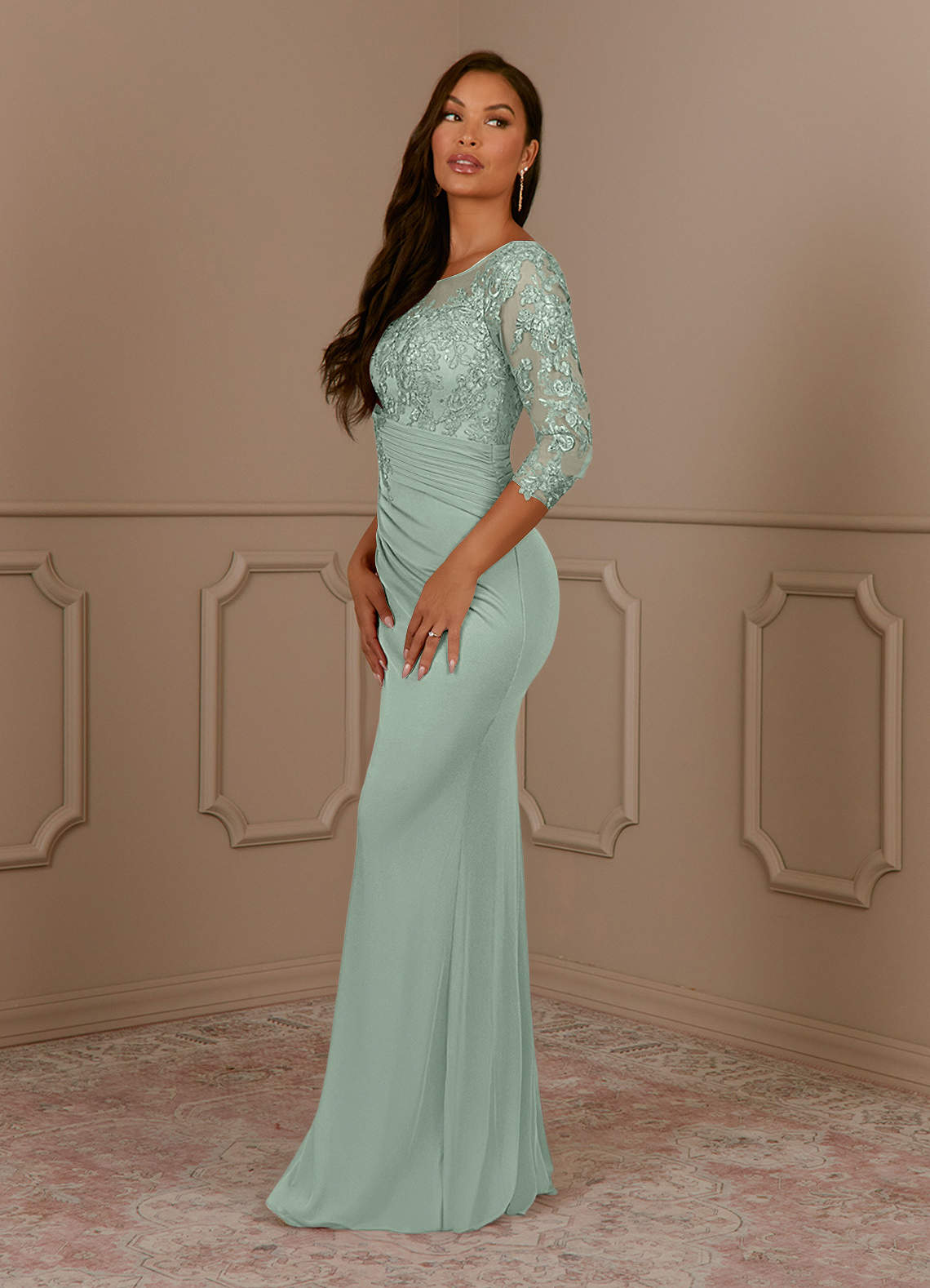 Fatemah Mermaid Scoop-Neck Lace and Mesh Mother of the Bride Dress in Agave