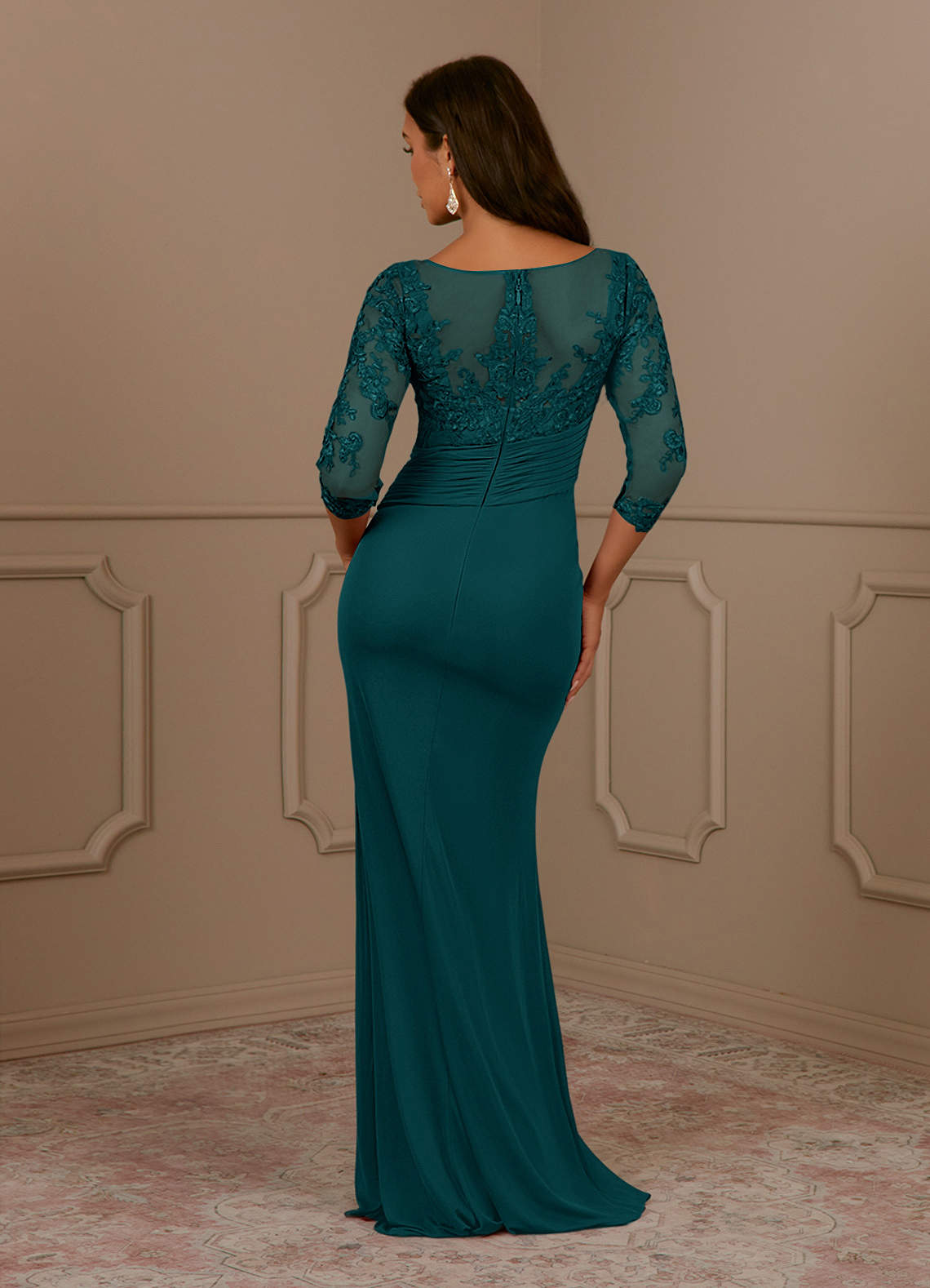 Fatemah Mermaid Scoop-Neck Lace and Mesh Mother of the Bride Dress in Peacock