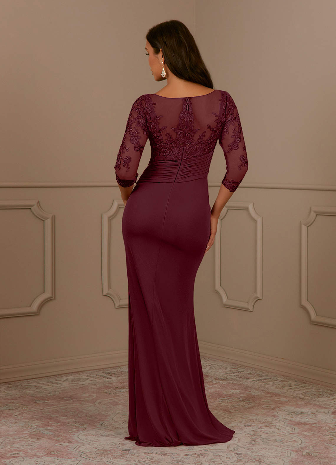 Fatemah Mermaid Scoop-Neck Lace and Mesh Mother of the Bride Dress in Cabernet
