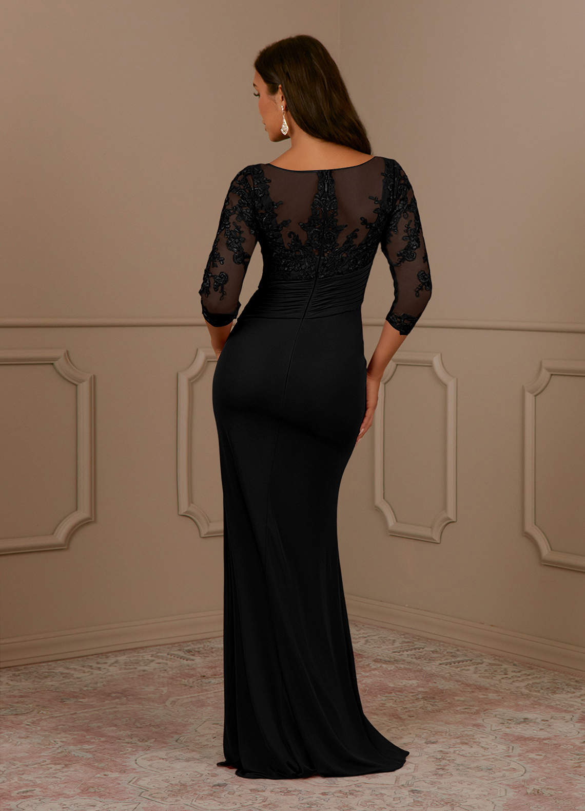 Fatemah Mermaid Scoop-Neck Lace and Mesh Mother of the Bride Dress in black