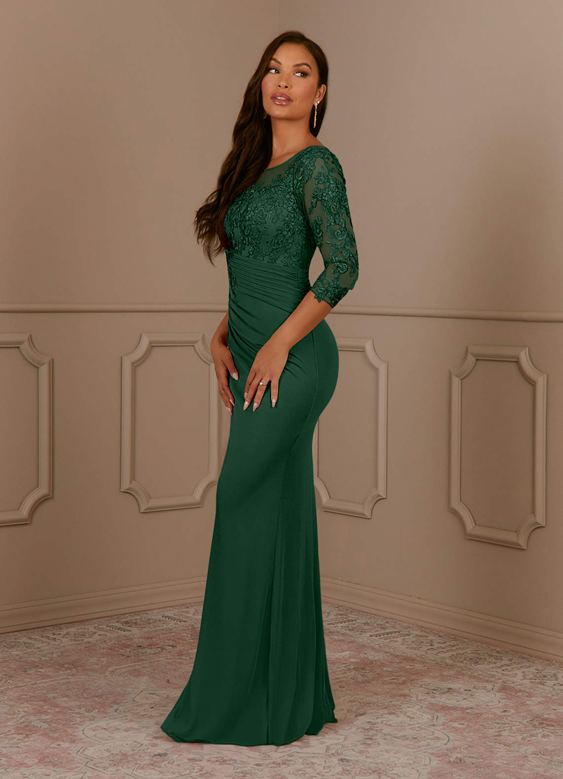 Fatemah Mermaid Scoop-Neck Lace and Mesh Mother of the Bride Dress in Dark Green