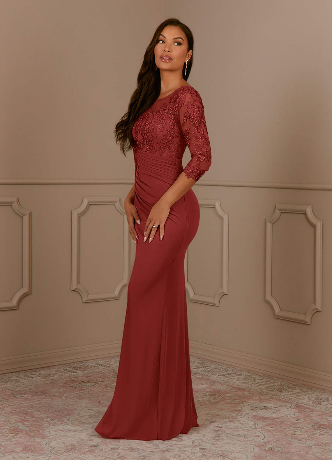 Fatemah Mermaid Scoop-Neck Lace and Mesh Mother of the Bride Dress in Rust