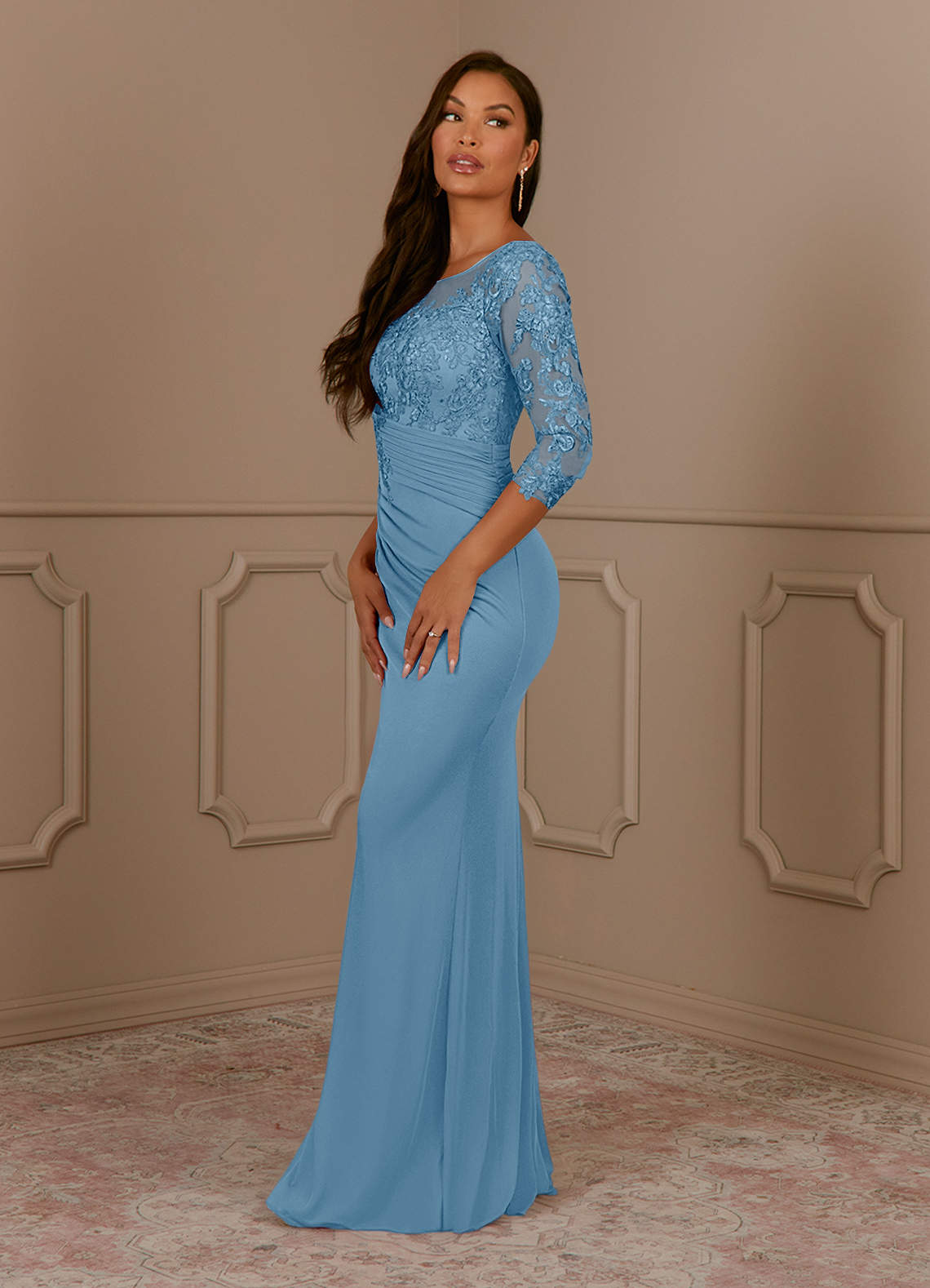 Fatemah Mermaid Scoop-Neck Lace and Mesh Mother of the Bride Dress in Steel Blue