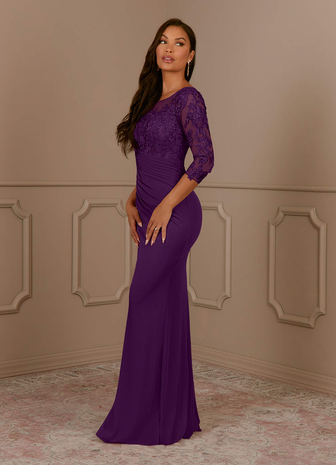 Fatemah Mermaid Scoop-Neck Lace and Mesh Mother of the Bride Dress in Grape