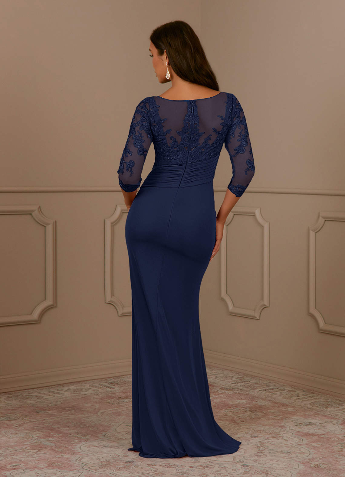 Fatemah Mermaid Scoop-Neck Lace and Mesh Mother of the Bride Dress in Dark Navy