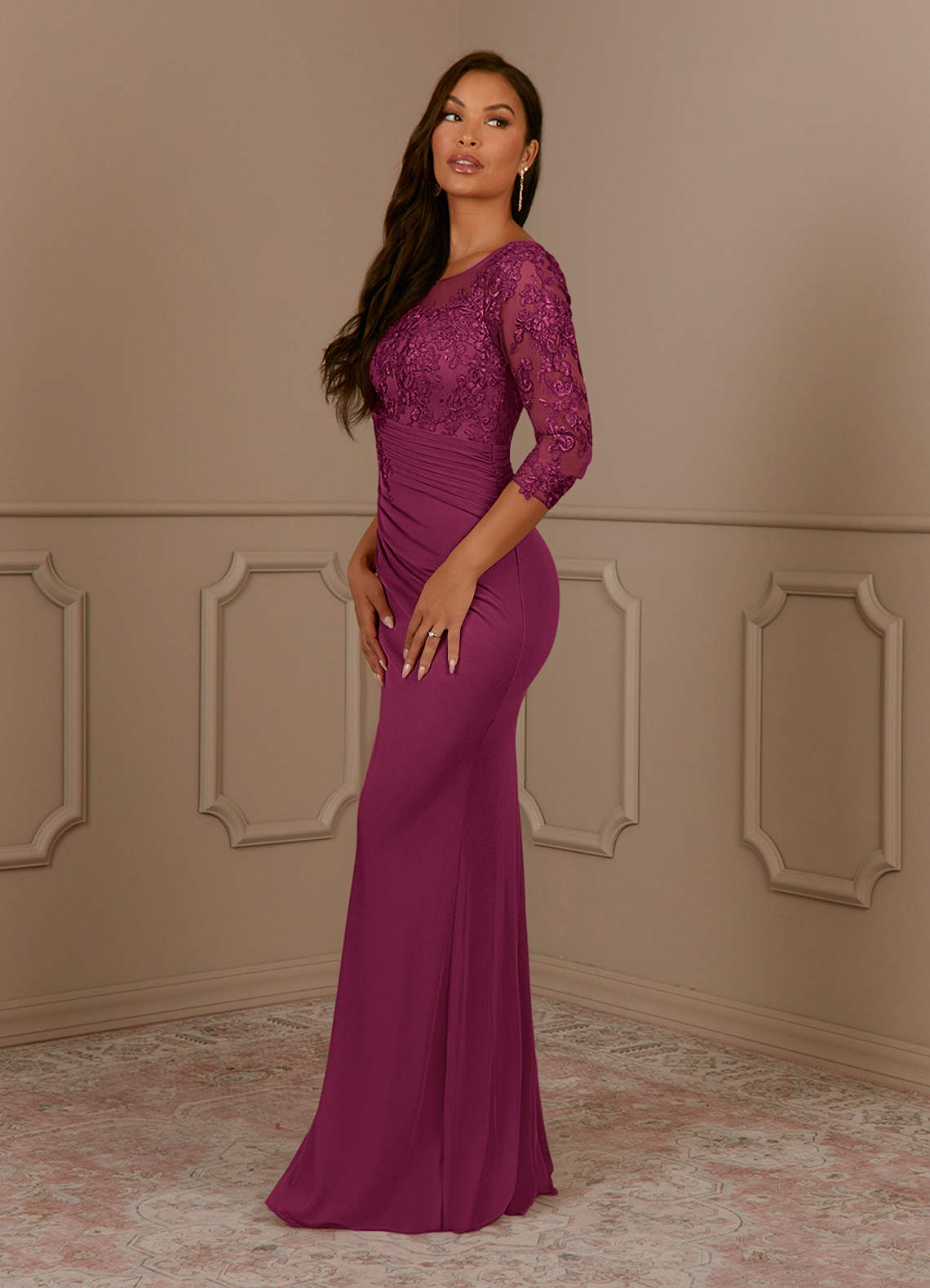 Fatemah Mermaid Scoop-Neck Lace and Mesh Mother of the Bride Dress in Mulberry