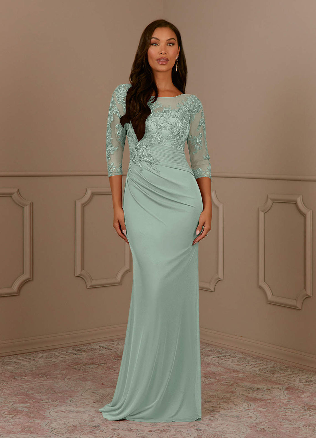 Fatemah Mermaid Scoop-Neck Lace and Mesh Mother of the Bride Dress in Agave