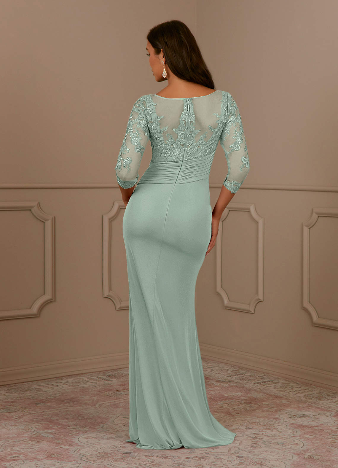 Fatemah Mermaid Scoop-Neck Lace and Mesh Mother of the Bride Dress in Agave