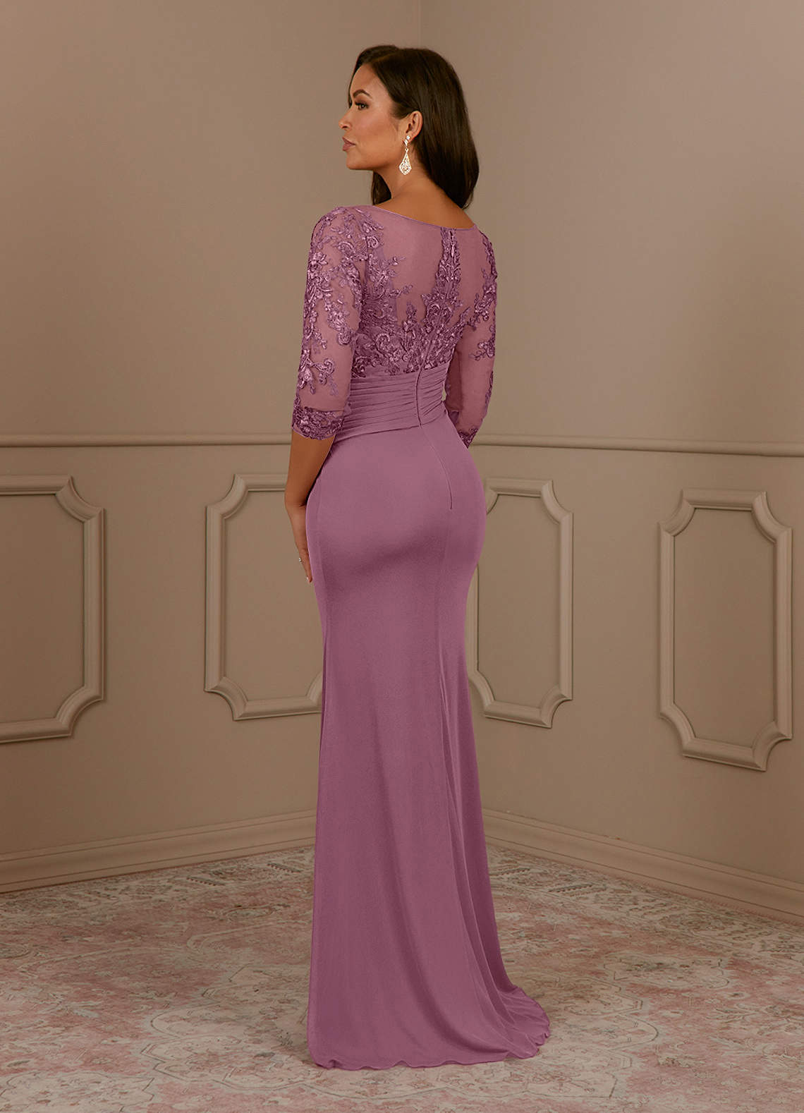 Fatemah Mermaid Scoop-Neck Lace and Mesh Mother of the Bride Dress in Vintage Mauve