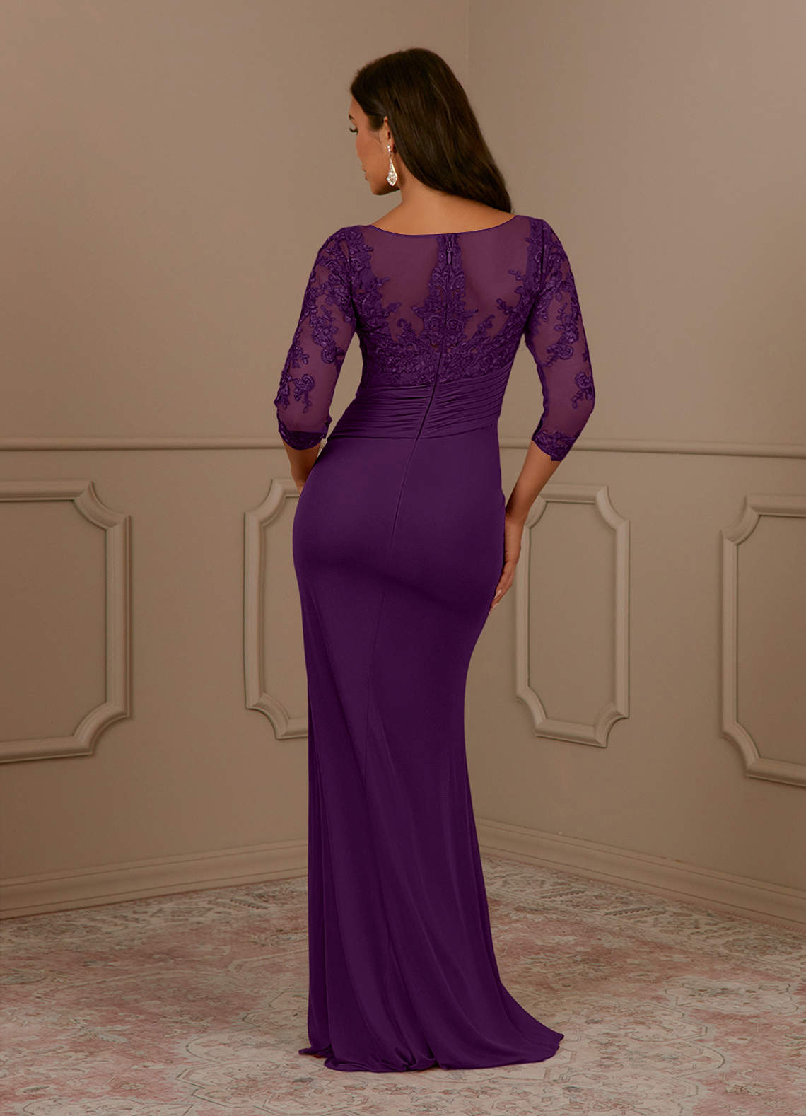 Fatemah Mermaid Scoop-Neck Lace and Mesh Mother of the Bride Dress in Grape