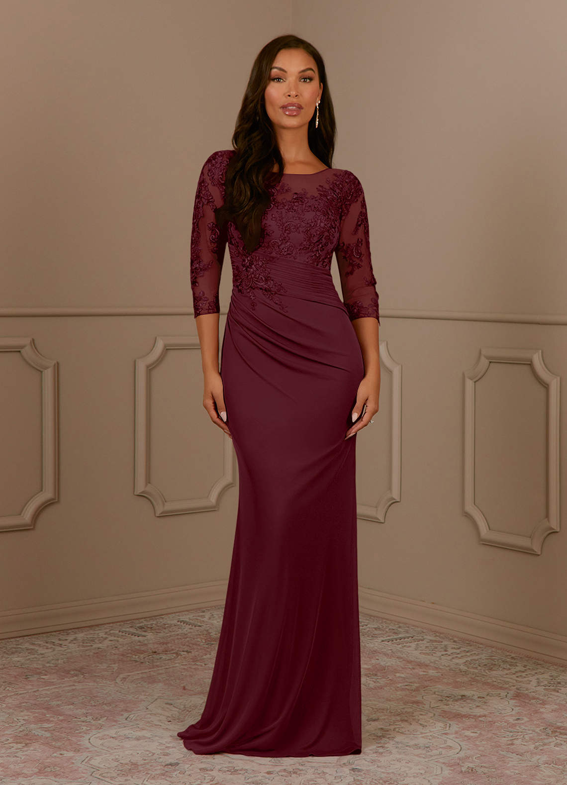 Fatemah Mermaid Scoop-Neck Lace and Mesh Mother of the Bride Dress in Cabernet