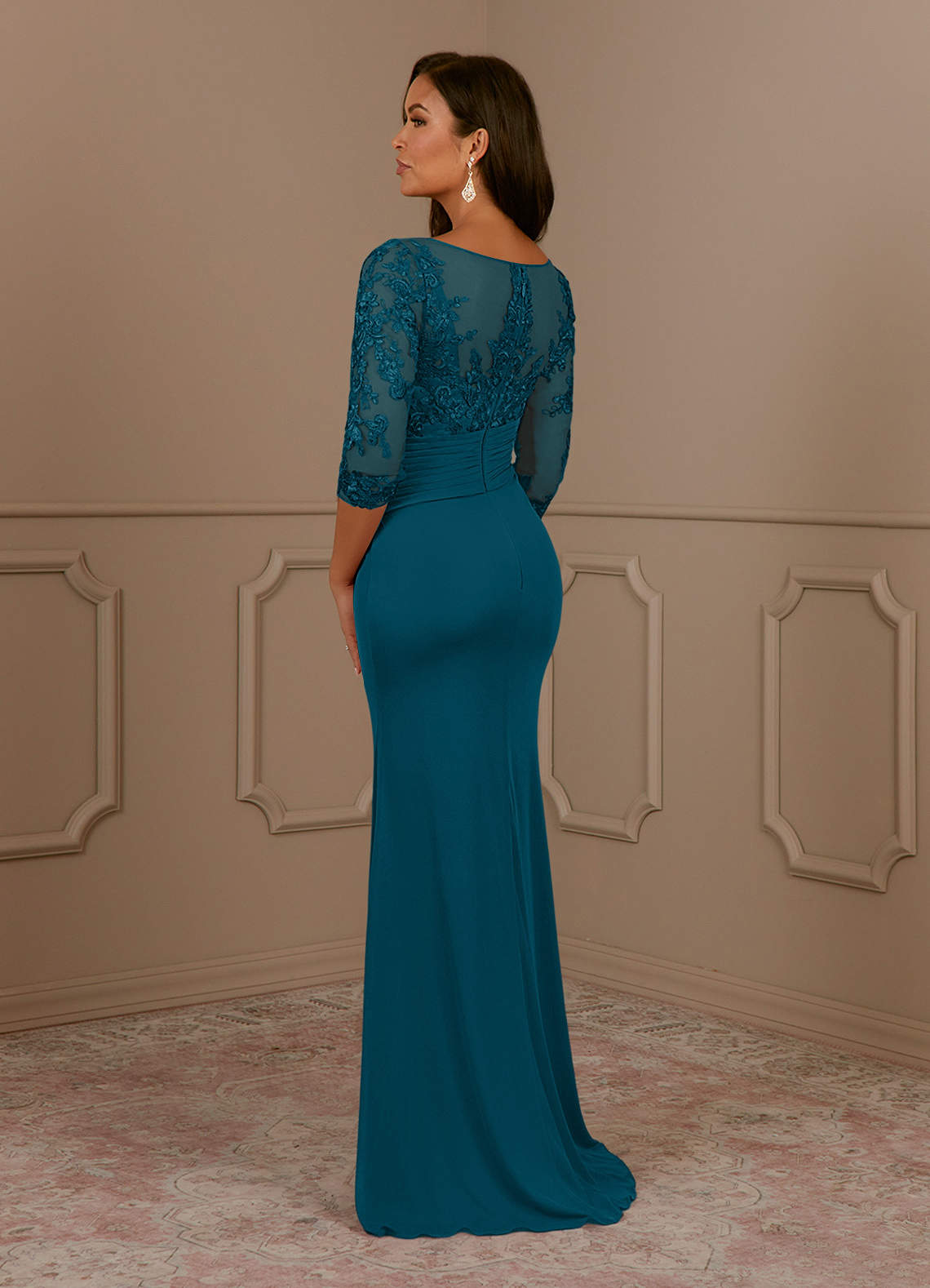 Fatemah Mermaid Scoop-Neck Lace and Mesh Mother of the Bride Dress in Ink Blue