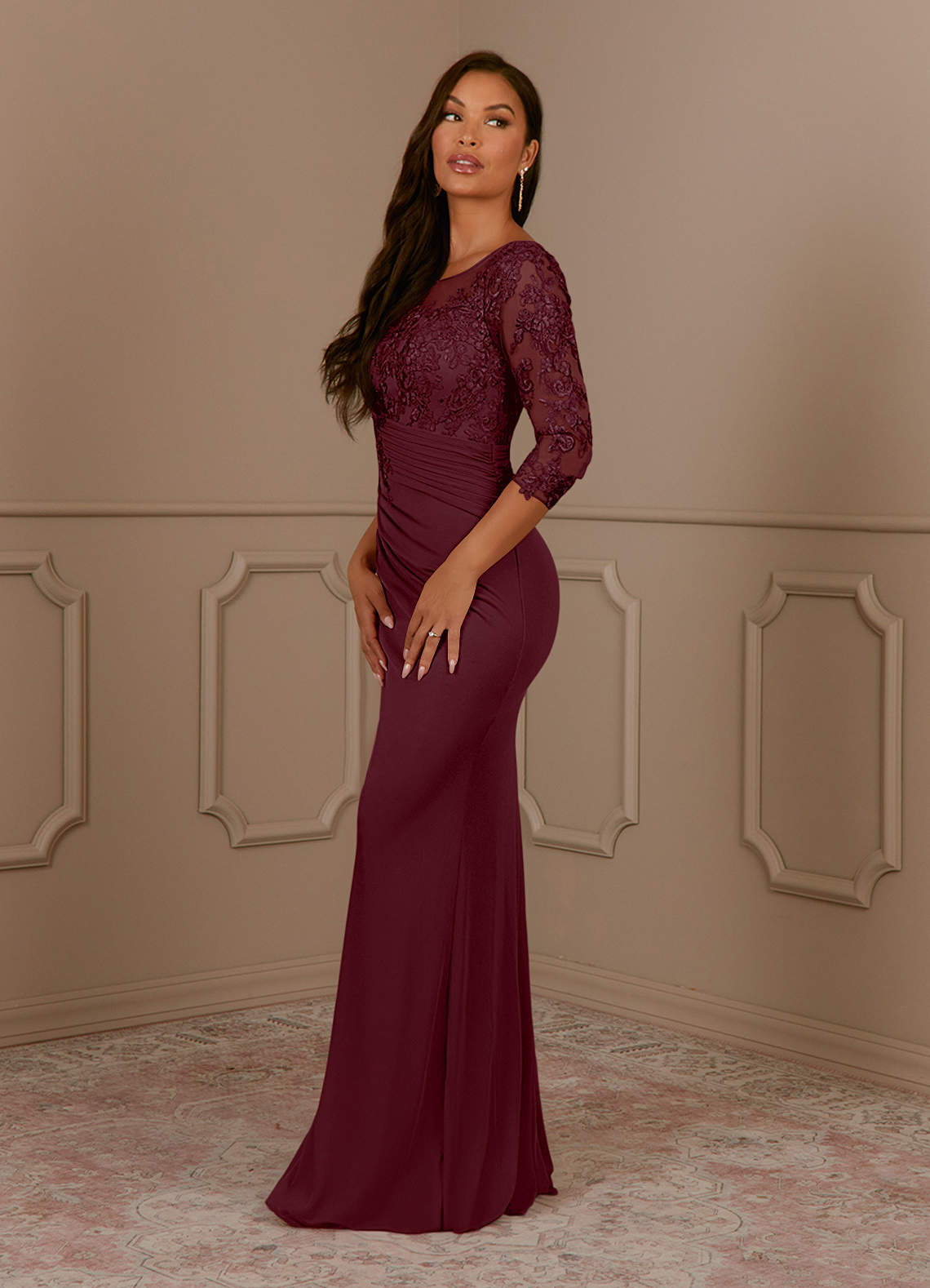 Fatemah Mermaid Scoop-Neck Lace and Mesh Mother of the Bride Dress in Cabernet