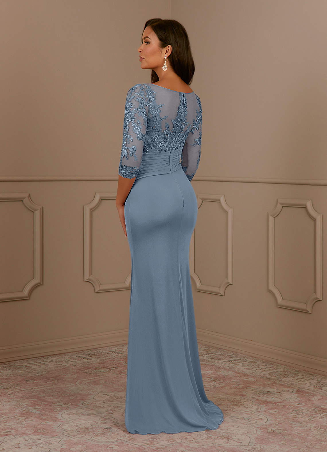 Fatemah Mermaid Scoop-Neck Lace and Mesh Mother of the Bride Dress in dusty blue