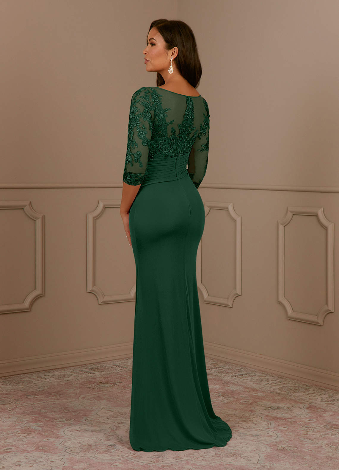 Fatemah Mermaid Scoop-Neck Lace and Mesh Mother of the Bride Dress in Dark Green