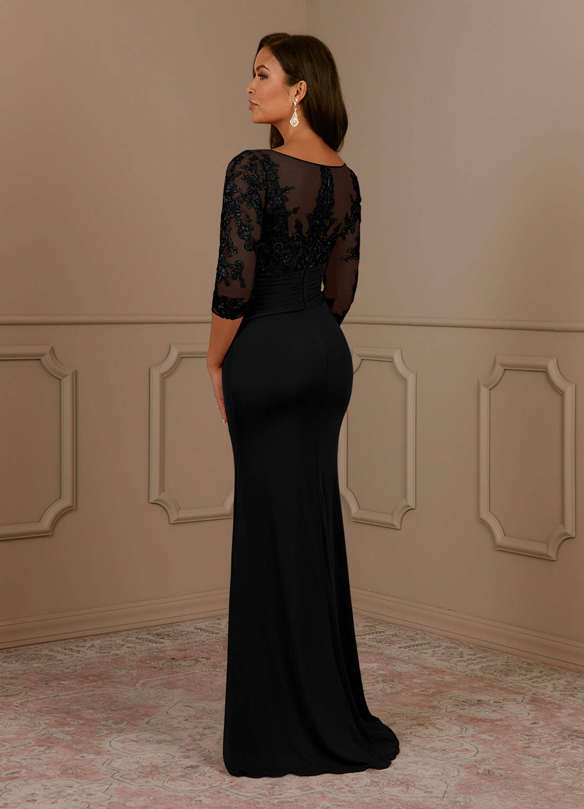 Fatemah Mermaid Scoop-Neck Lace and Mesh Mother of the Bride Dress in black