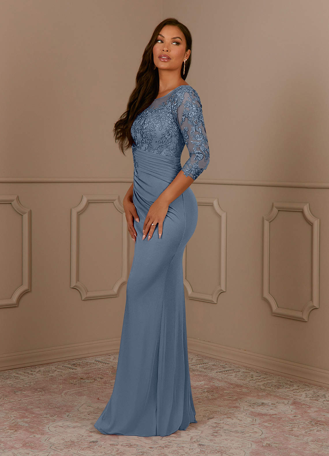 Fatemah Mermaid Scoop-Neck Lace and Mesh Mother of the Bride Dress in Twilight
