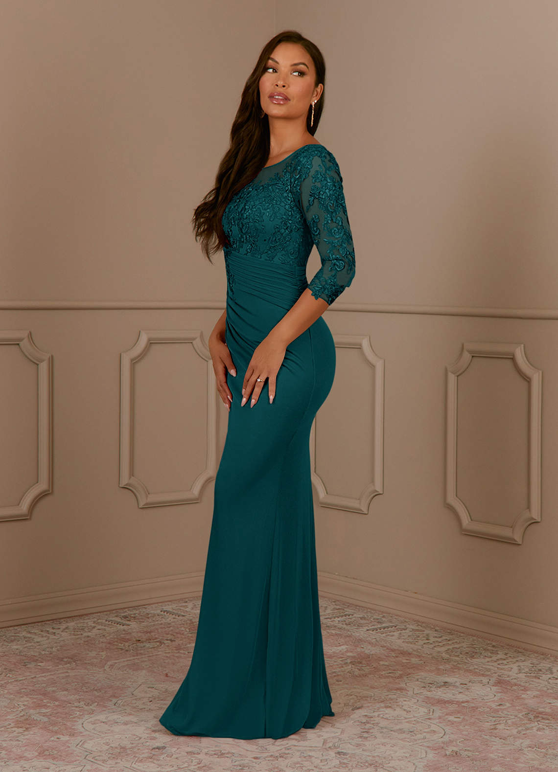 Fatemah Mermaid Scoop-Neck Lace and Mesh Mother of the Bride Dress in Peacock