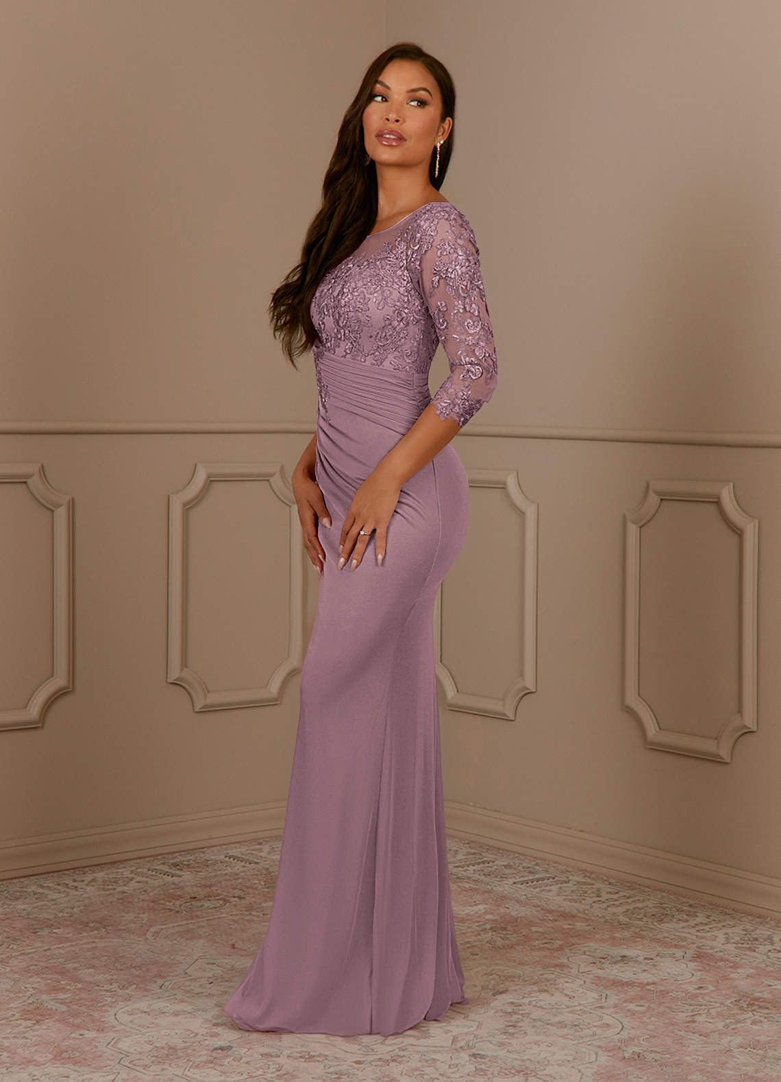 Fatemah Mermaid Scoop-Neck Lace and Mesh Mother of the Bride Dress in Dusty Rose