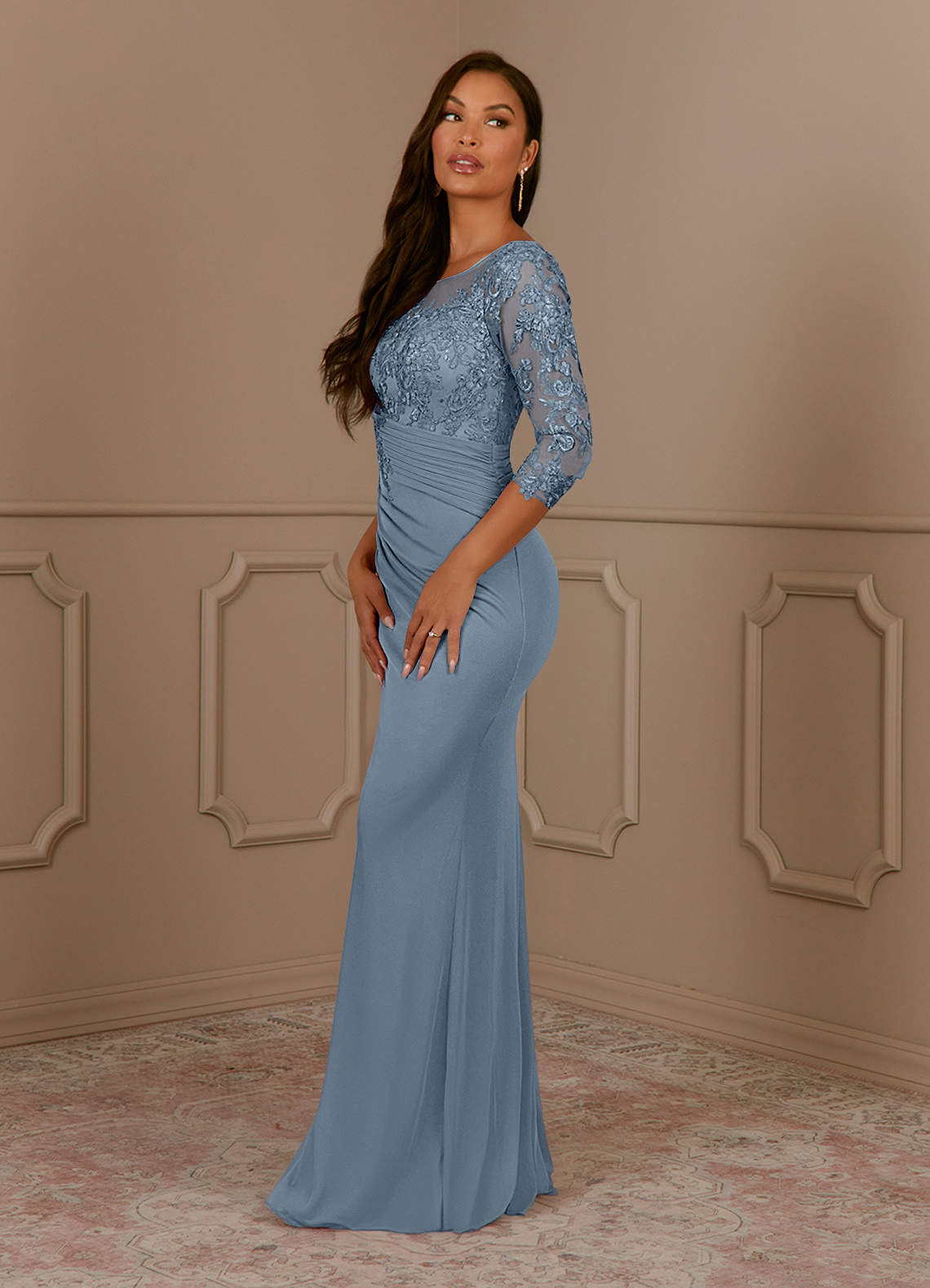 Fatemah Mermaid Scoop-Neck Lace and Mesh Mother of the Bride Dress in dusty blue