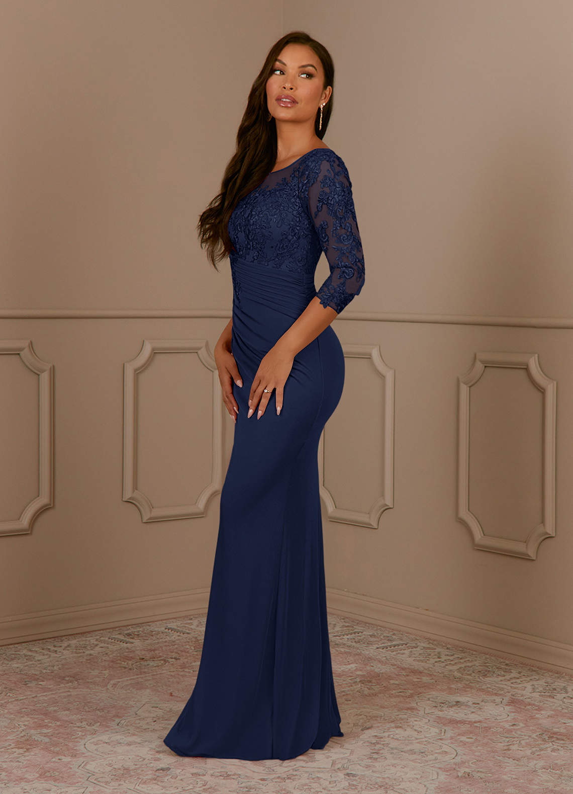 Fatemah Mermaid Scoop-Neck Lace and Mesh Mother of the Bride Dress in Dark Navy