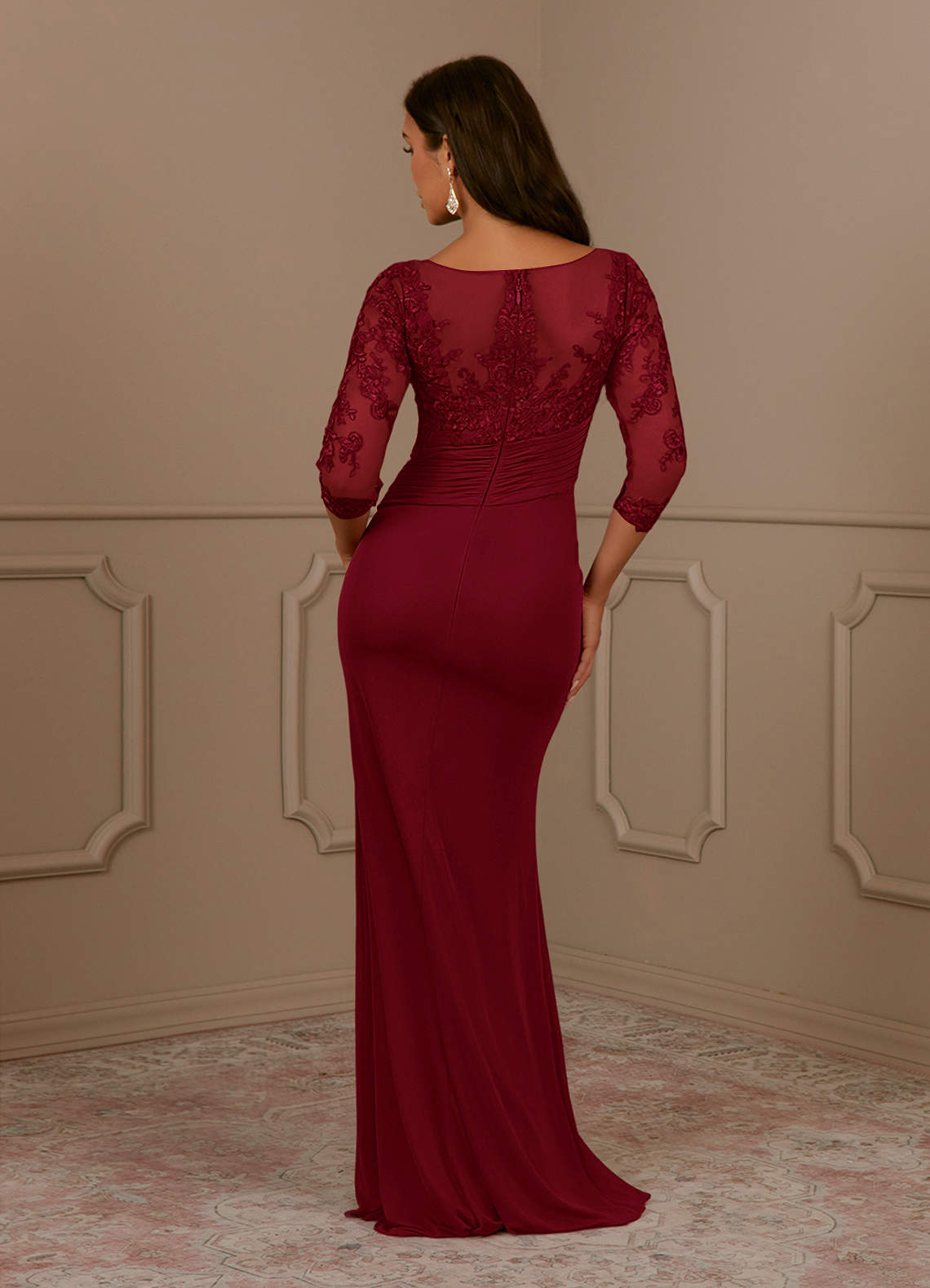 Fatemah Mermaid Scoop-Neck Lace and Mesh Mother of the Bride Dress in Burgundy
