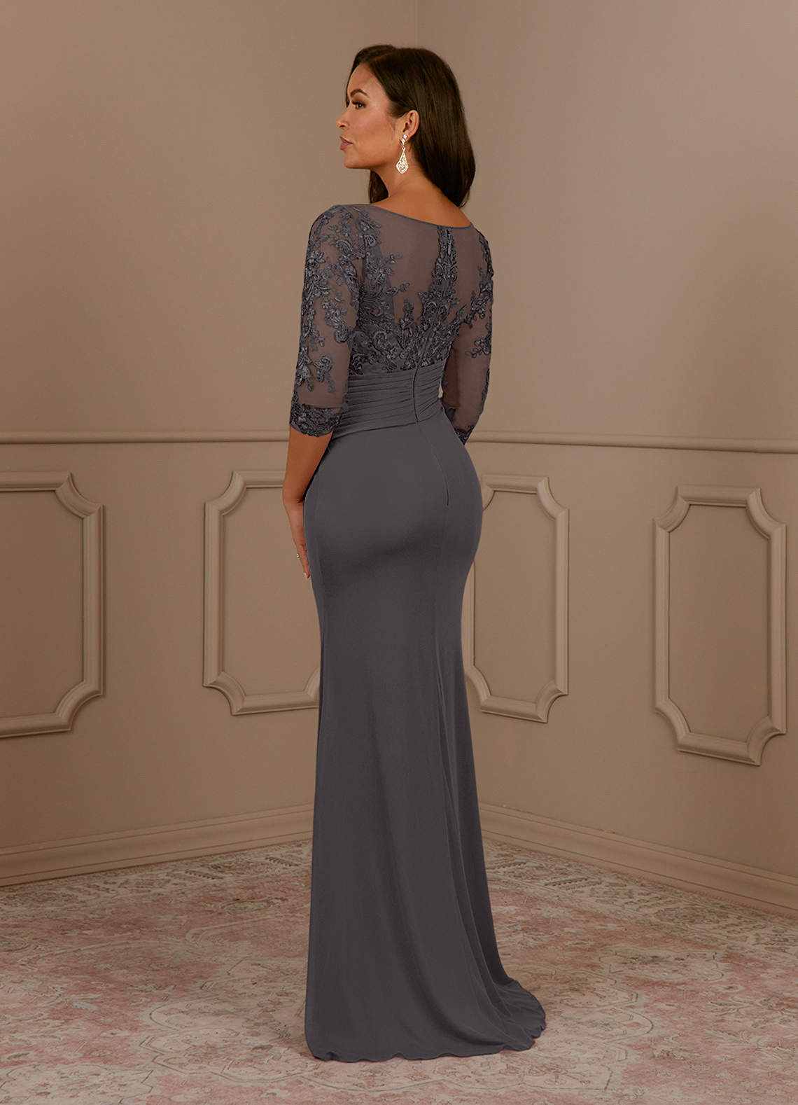 Fatemah Mermaid Scoop-Neck Lace and Mesh Mother of the Bride Dress in Steel Grey