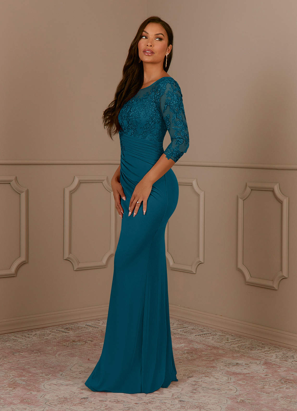 Fatemah Mermaid Scoop-Neck Lace and Mesh Mother of the Bride Dress in Ink Blue