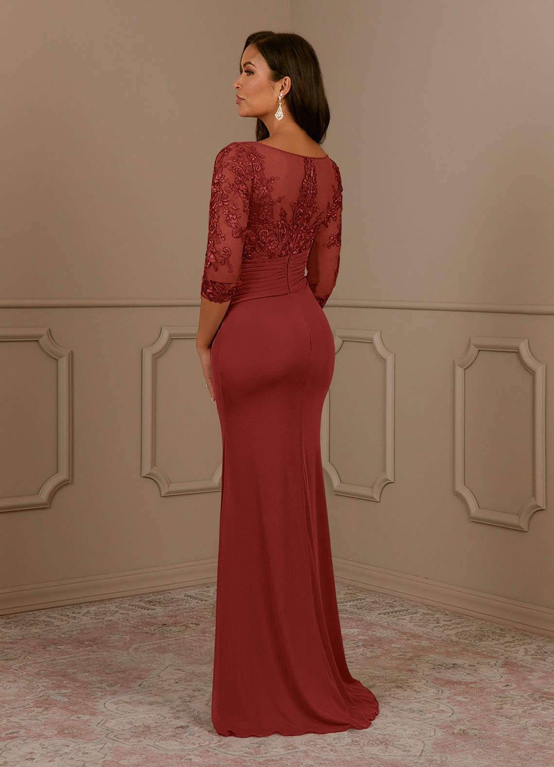 Fatemah Mermaid Scoop-Neck Lace and Mesh Mother of the Bride Dress in Rust