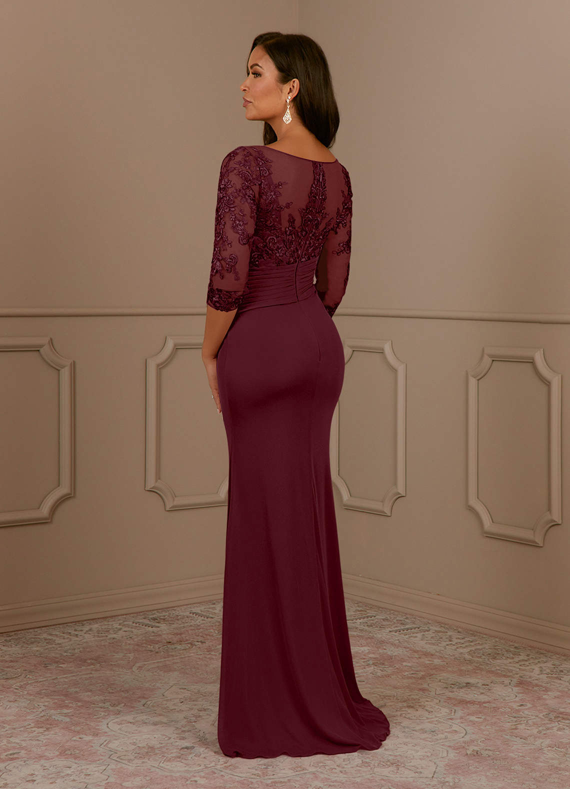 Fatemah Mermaid Scoop-Neck Lace and Mesh Mother of the Bride Dress in Cabernet