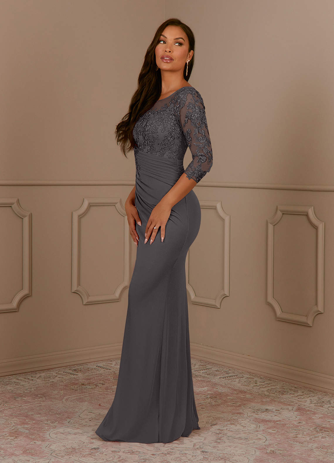 Fatemah Mermaid Scoop-Neck Lace and Mesh Mother of the Bride Dress in Steel Grey