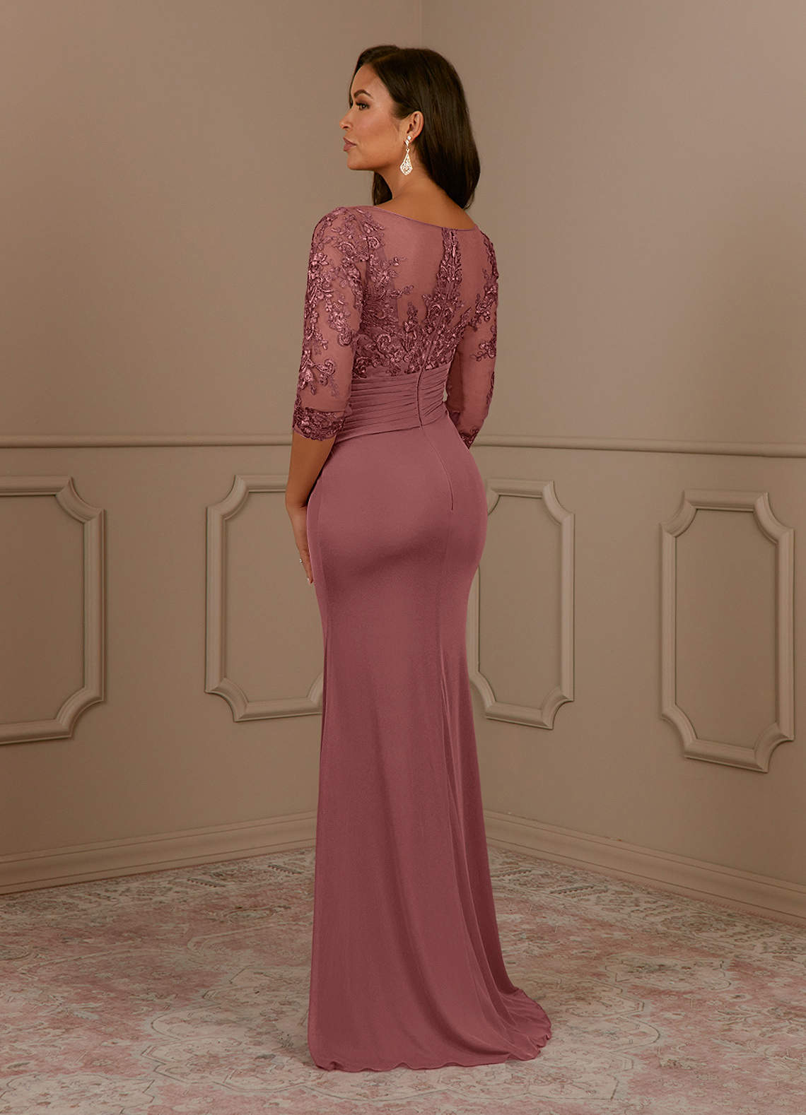 Fatemah Mermaid Scoop-Neck Lace and Mesh Mother of the Bride Dress in Desert Rose