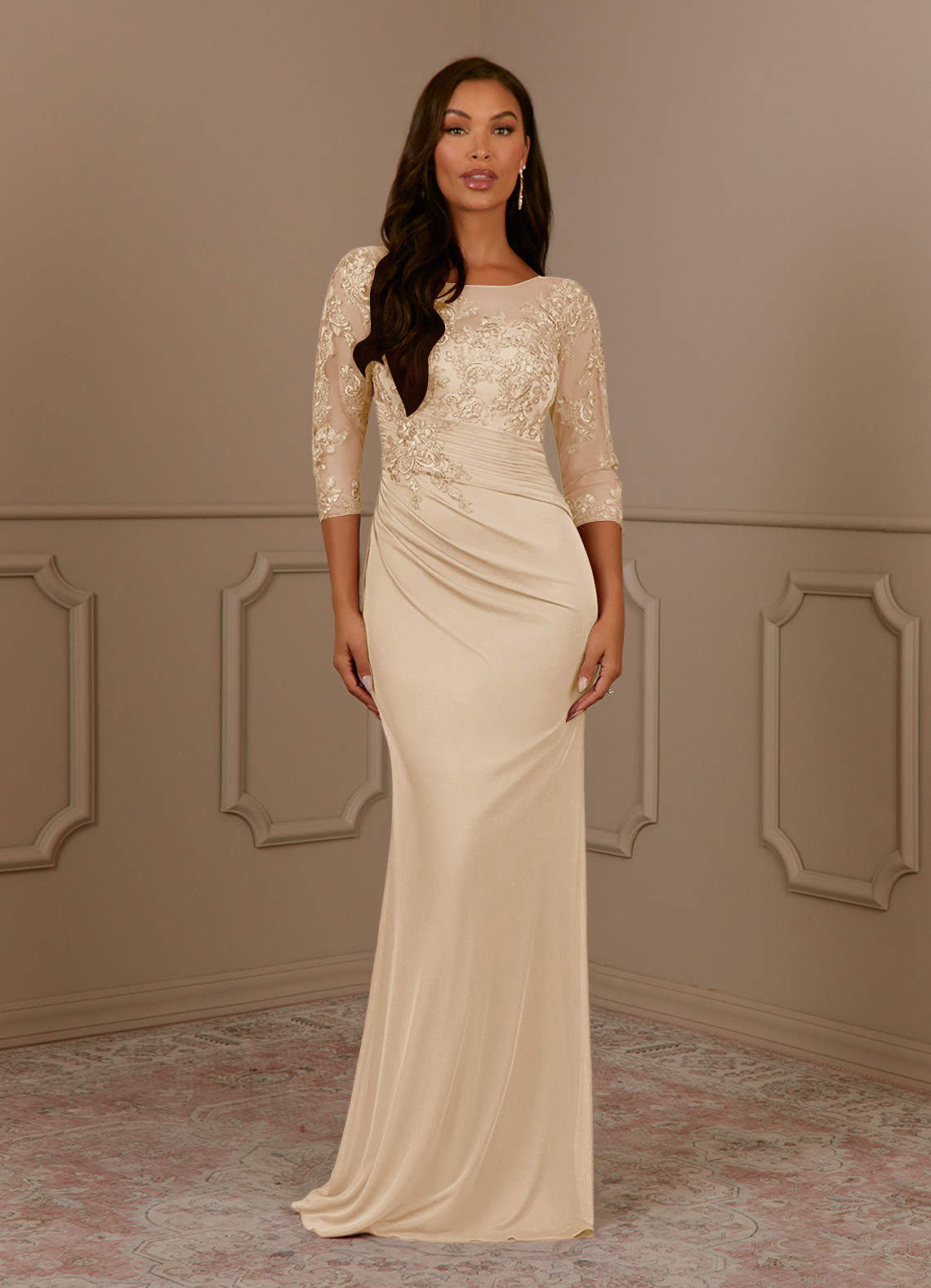 Fatemah Mermaid Scoop-Neck Lace and Mesh Mother of the Bride Dress in champagne