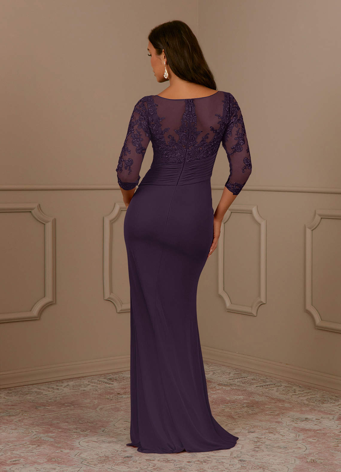 Fatemah Mermaid Scoop-Neck Lace and Mesh Mother of the Bride Dress in Plum