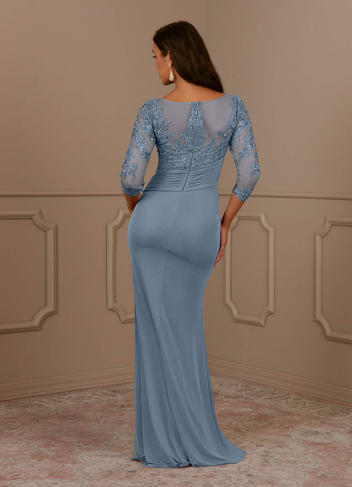 Fatemah Mermaid Scoop-Neck Lace and Mesh Mother of the Bride Dress in dusty blue
