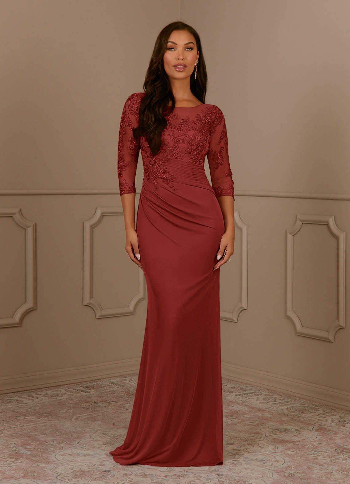 Fatemah Mermaid Scoop-Neck Lace and Mesh Mother of the Bride Dress in Rust