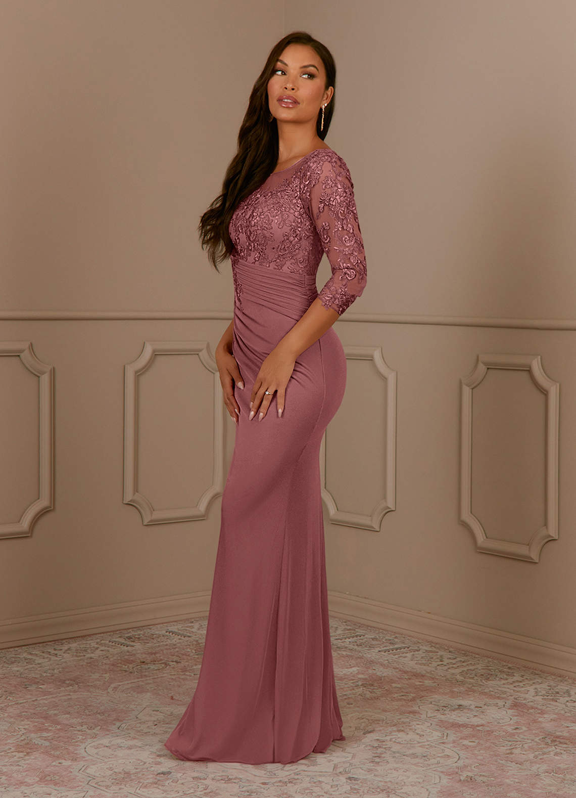Fatemah Mermaid Scoop-Neck Lace and Mesh Mother of the Bride Dress in Desert Rose