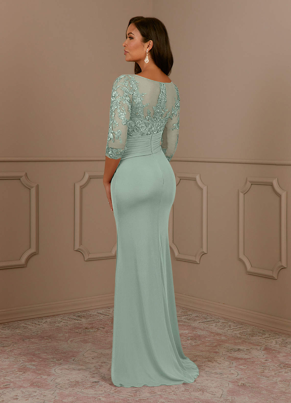 Fatemah Mermaid Scoop-Neck Lace and Mesh Mother of the Bride Dress in Agave