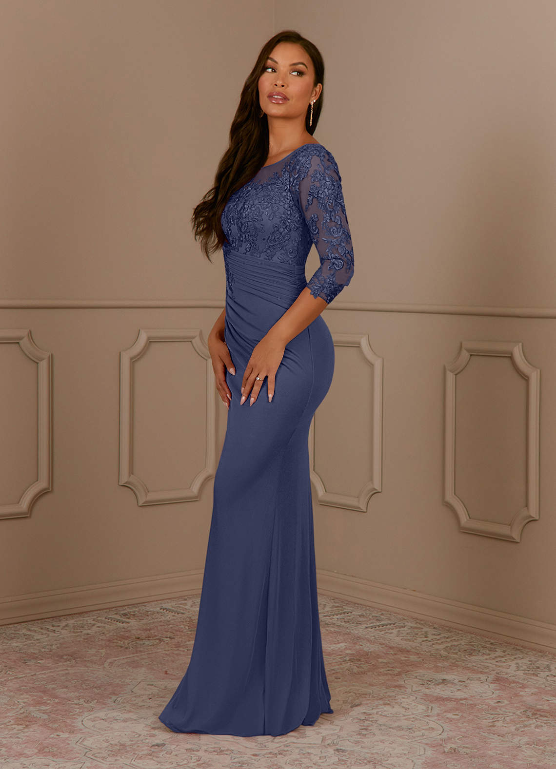 Fatemah Mermaid Scoop-Neck Lace and Mesh Mother of the Bride Dress in Stormy