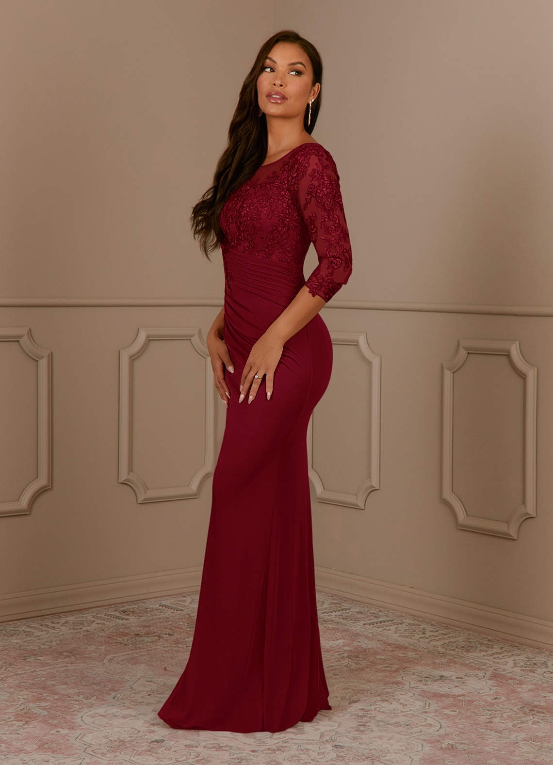 Fatemah Mermaid Scoop-Neck Lace and Mesh Mother of the Bride Dress in Burgundy