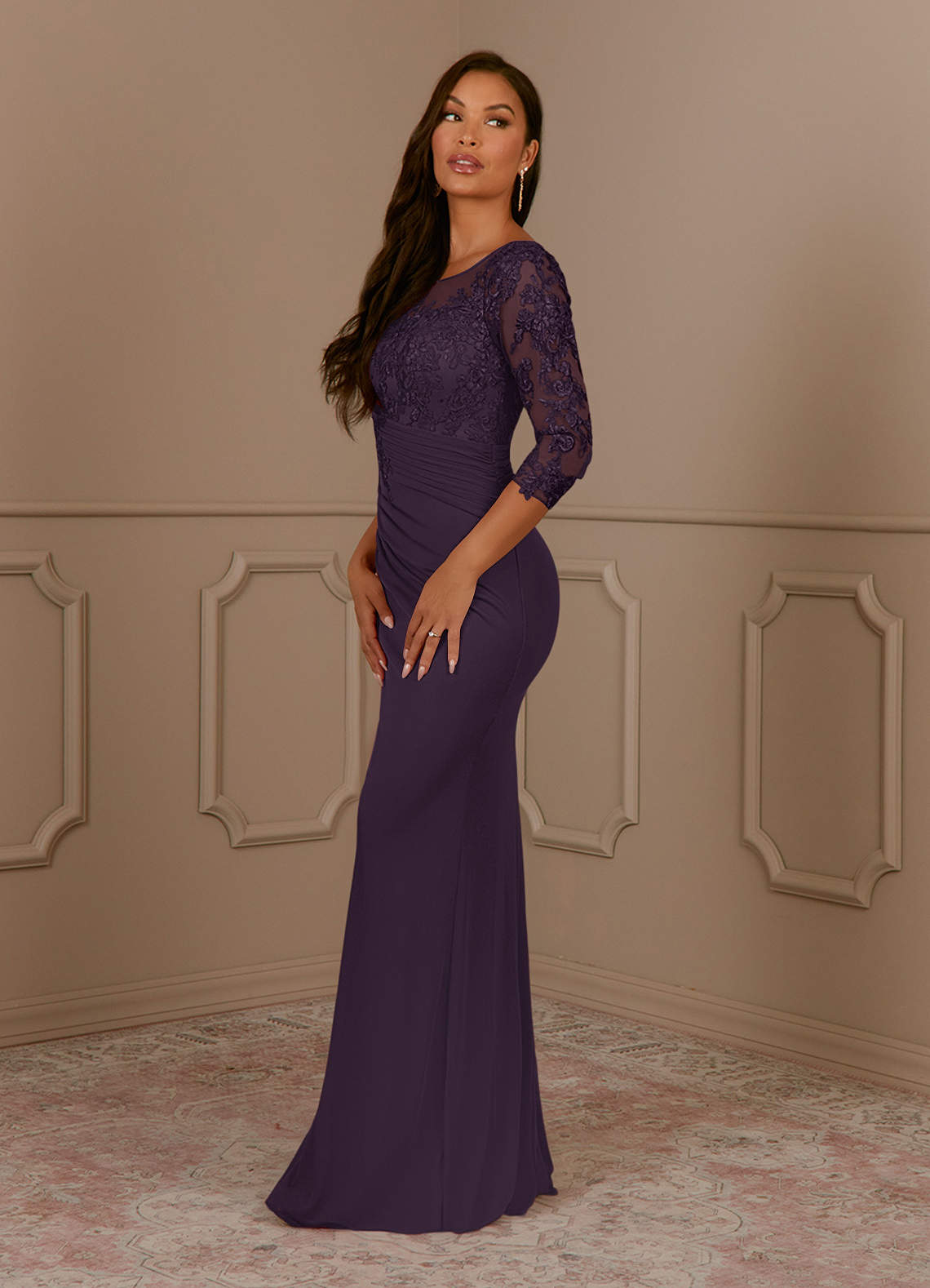 Fatemah Mermaid Scoop-Neck Lace and Mesh Mother of the Bride Dress in Plum