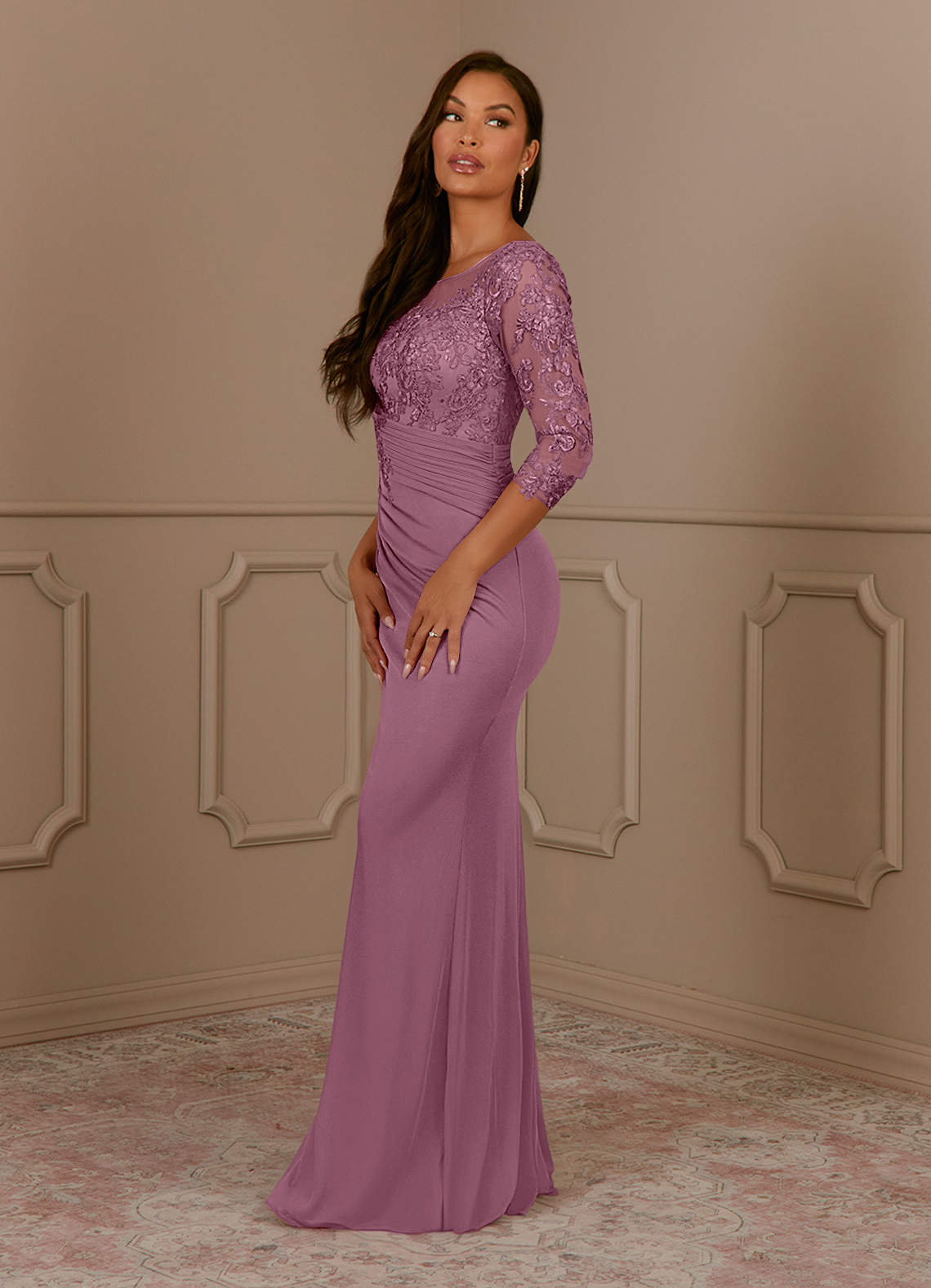 Fatemah Mermaid Scoop-Neck Lace and Mesh Mother of the Bride Dress in Vintage Mauve