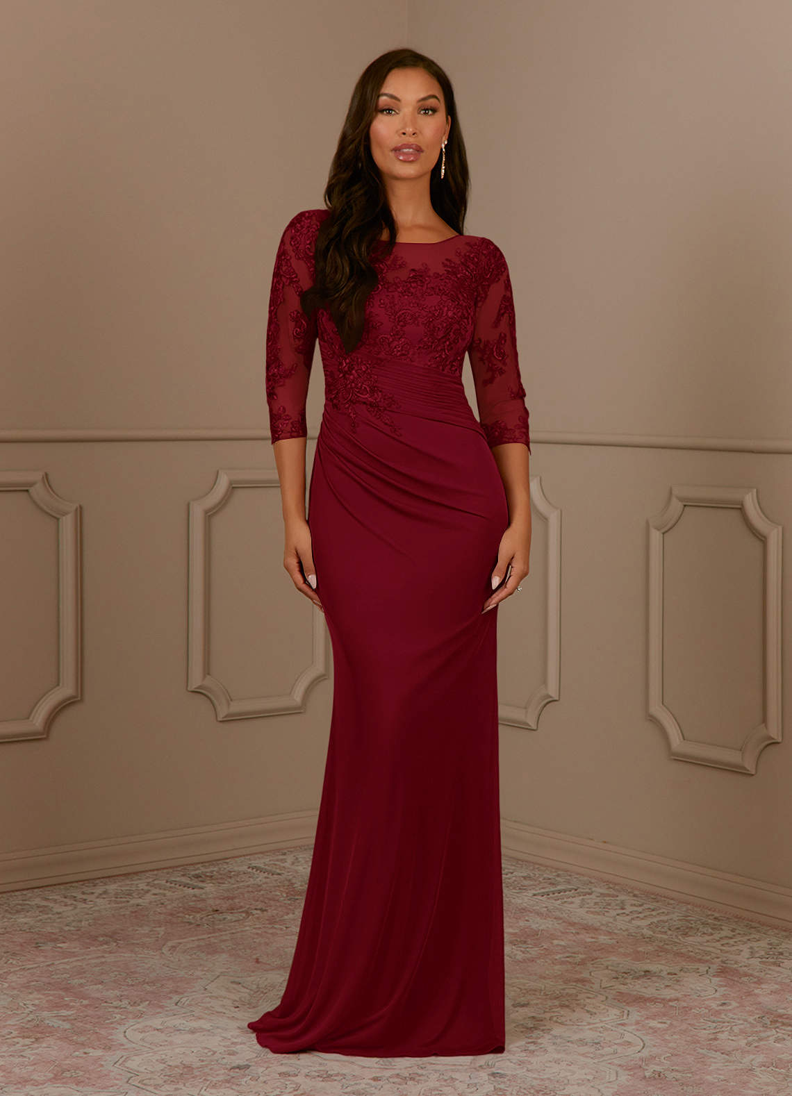 Fatemah Mermaid Scoop-Neck Lace and Mesh Mother of the Bride Dress in Burgundy