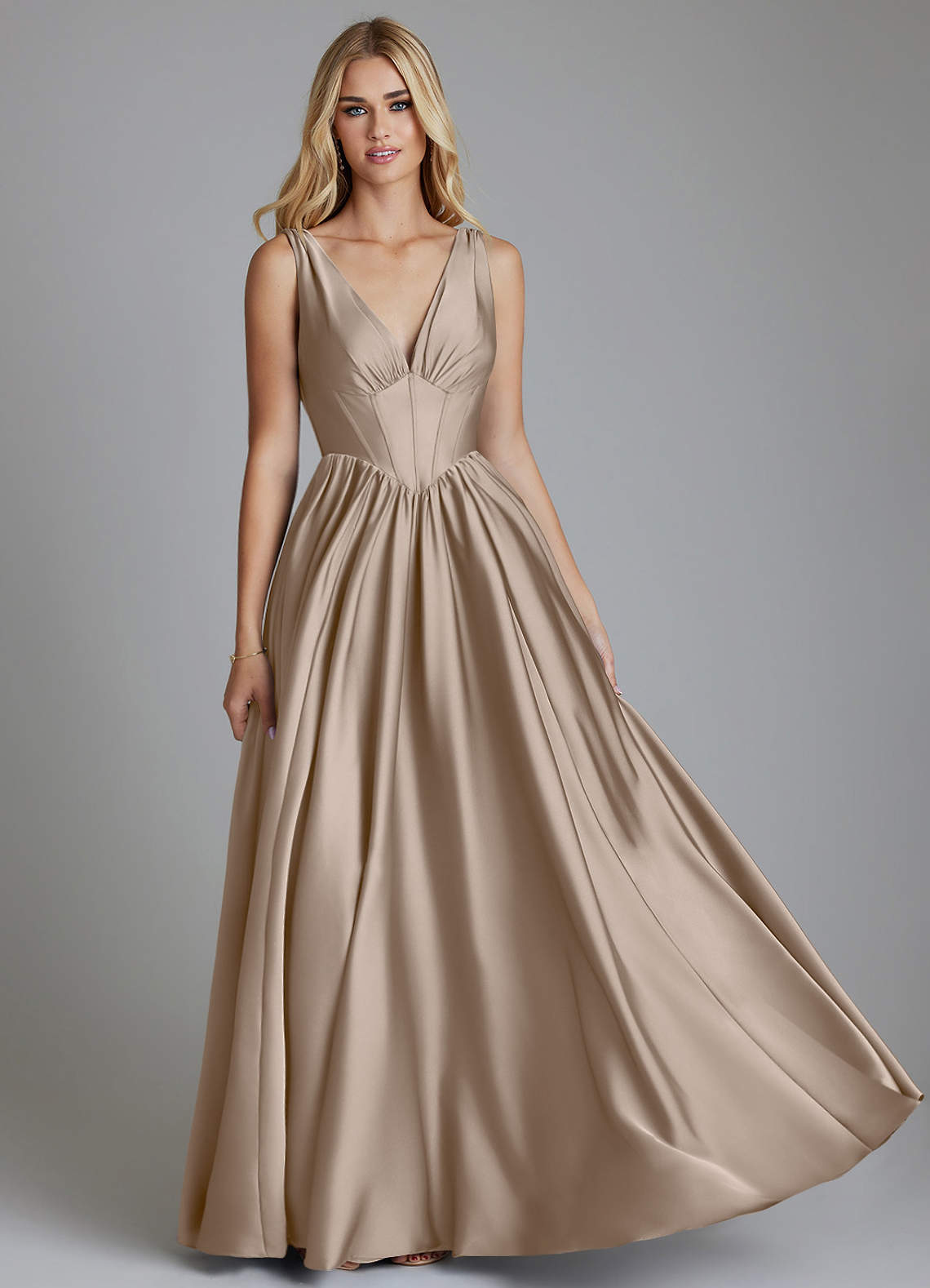 Delmie A-Line V-Neck Stretch Satin Bridesmaid Dress in Taupe