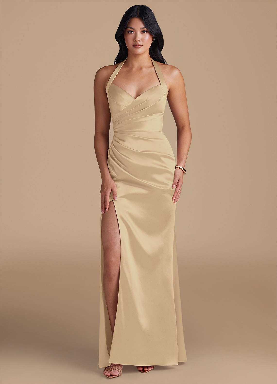 Emeria Sheath Halter Metallic Satin Bridesmaid Dress in Champagne